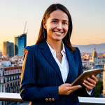 **

A professional businesswoman in a tailored, modest business suit, standing confidently in front of the Madrid skyline during the golden hour. The suit is dark blue with subtle pinstripes. She is holding a tablet and smiling slightly. The background features iconic Madrid landmarks.  Fully clothed, appropriate attire, safe for work, perfect anatomy, correct proportions, natural pose, professional photography, high quality, family-friendly.

**