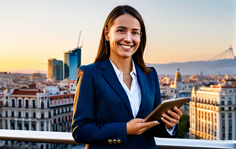 **
A professional businesswoman in a tailored, modest business suit, standing confidently in front of the Madrid skyline during the golden hour. The suit is dark blue with subtle pinstripes. She is holding a tablet and smiling slightly. The background features iconic Madrid landmarks. Fully clothed, appropriate attire, safe for work, perfect anatomy, correct proportions, natural pose, professional photography, high quality, family-friendly.
**